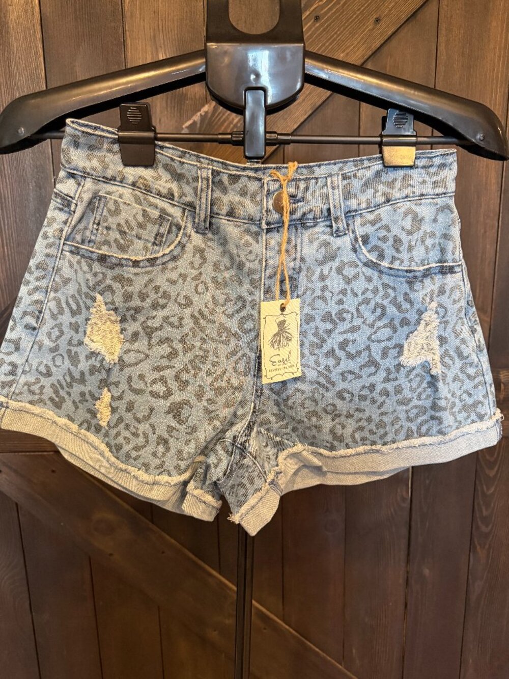 Easel Blue Leopard Print Distressed Denim Shorts NWT